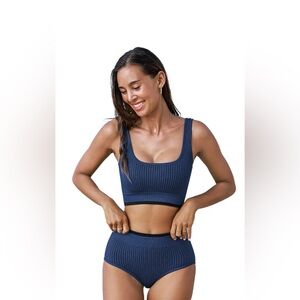 Cupshe Blue Black Square Neck Seamless Top and High Waist Bottom Size M FLAW